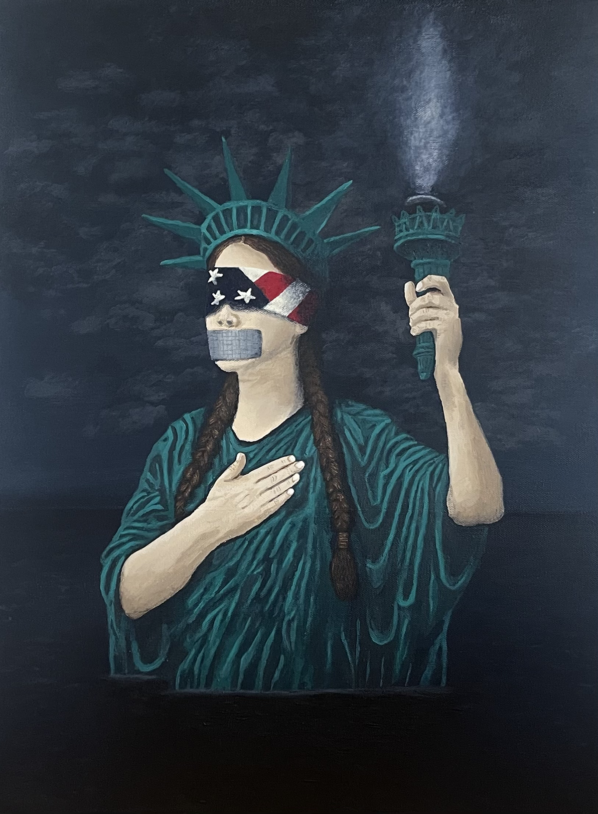 Statue of liberty pledging allegiance wearing American flag blindfold and mouth duct taped shut.