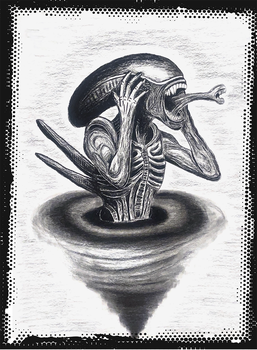 AlienNation holding head screaming into static while being sucked through the vortex of a tornado.